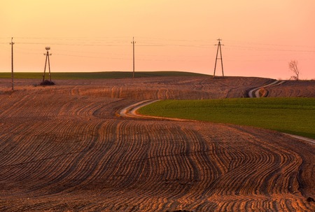 Springtime fields in Poland. Natural landscape of agricultural fields at beginning of spring.の写真素材