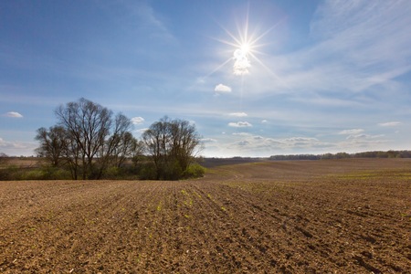 Beautiful spring landscape with plowed field under blue sky with clouds, Polish field.の写真素材
