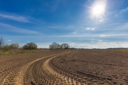 Beautiful spring landscape with plowed field under blue sky with clouds, Polish field.