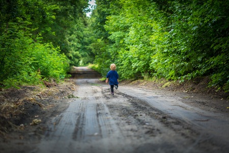 Small blonde boy playing in forest. Natural landscape with small caucasian boy.の写真素材