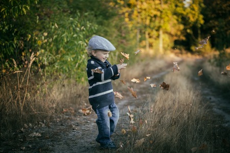 Happy little boy playing outdoor in beautiful autumn scenery.の写真素材