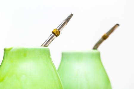 Yerba mate. South american tea in green container.の写真素材