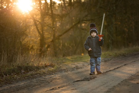 Young boy playing outdoor with wooden sword. Autumnal landscape and young boy.の写真素材