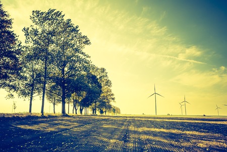 Vintage photo of field with windmills. Polish autumn landscape with filtered look.の写真素材