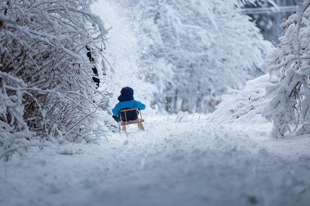 Mother pulling sled with her little son. Family playing outside in winter.