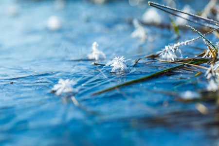 Ice on water texture. Close up of winter frozen water surface.の写真素材