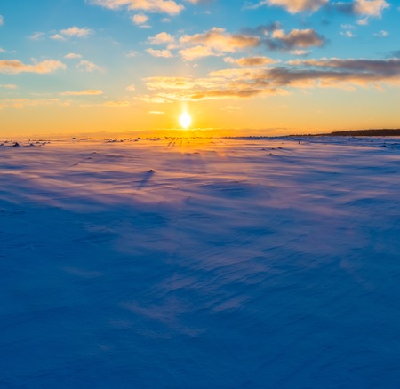 Winter fields sunset with snow moving by wind. Colorful landscape of sunset in winter.