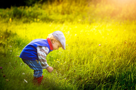 Little boy playing in nature. Caucasian boy and green landscape.の写真素材