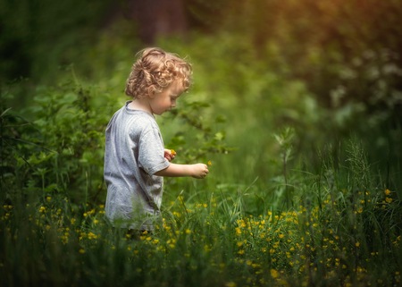 Happy little boy playing outdoor in summer forest. Caucasian blonde boy.の写真素材