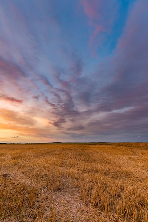 Spectacular sunset over stubble field. Polish countryside after harvest.の写真素材