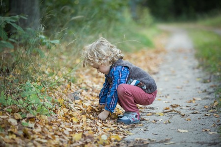 Young blonde boy with long curly hair playing in outdoor in autumnal forest.の写真素材