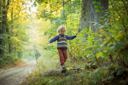 Young blonde boy with long curly hair playing in outdoor in autumnal forest.の写真素材