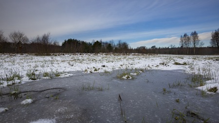 Winter meadows with snow and frozen puddle. Beautiful polish landscape.の写真素材