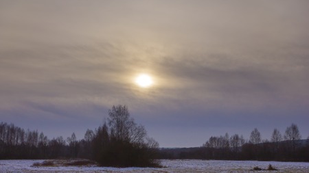 Winter meadows with snow. Beautiful polish landscape.の写真素材