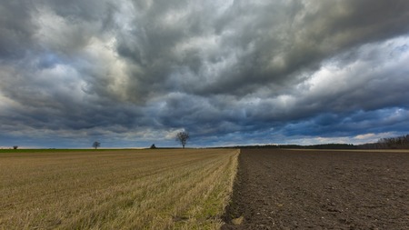Stubble field landscape under cloudy sky. Beautiful polish landscape.