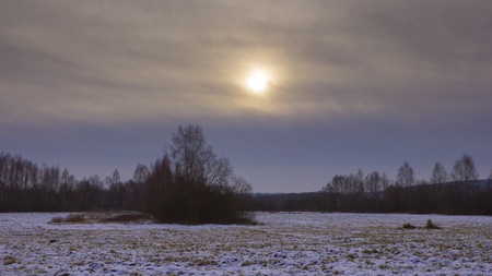 Winter meadows with snow. Beautiful polish landscape.の写真素材