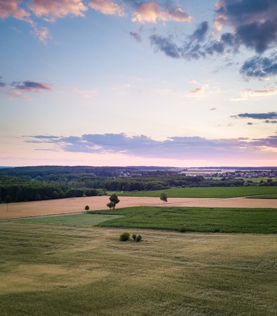 Aerial landscape with beautiful summer fields. Summer drone field landscape. European fields.の写真素材