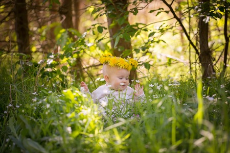 Small caucasian baby girl sitting in grass in forest. Beautiful infant baby girl portrait  in nature.の写真素材