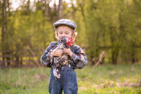 Small boy portrait with chicken. Caucasian curly haired boy in hat holding small chicken in outdoor.の写真素材