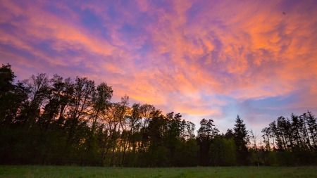 After sunset colorful sky over forest and meadow. Polish landscapeの写真素材