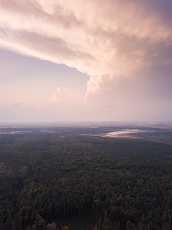 Beautiful misty evening landscape photographed from drone. Magical atmosphere.の写真素材