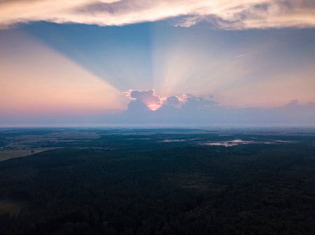 Beautiful misty evening landscape photographed from drone. Magical atmosphere.の写真素材