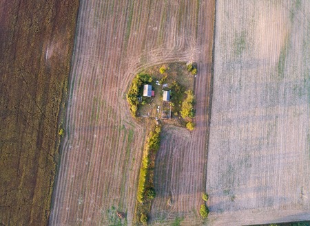 Top down view of farmland. Polish golden light landscape