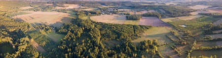 Wild forest landscape photographed from drone. Aerial view of european forest and meadows.の写真素材