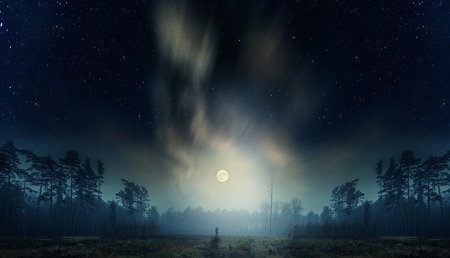 Dreamy surreal landscape with starry night sky and man silhouette.の写真素材