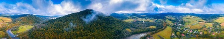 Beautiful Bieszczady mountains and village view photographed from drone. Aerial photography.の写真素材