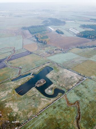 Drone landscape with autumnal fields. Nature from aboveの写真素材