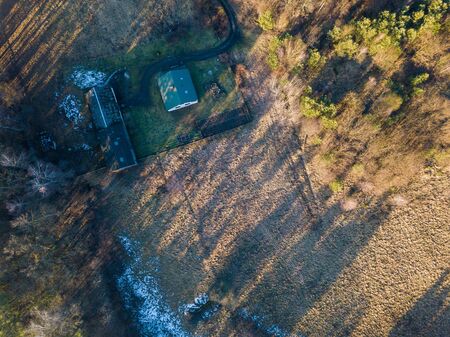 Early spring top down drone landscape. European fields and forests.の写真素材