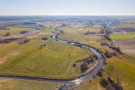Early spring aerial landscape with fields of Poland. Typical polish landscape photographed from above.の写真素材