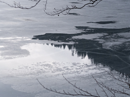 Frozen lake and trees reflections at the nature 