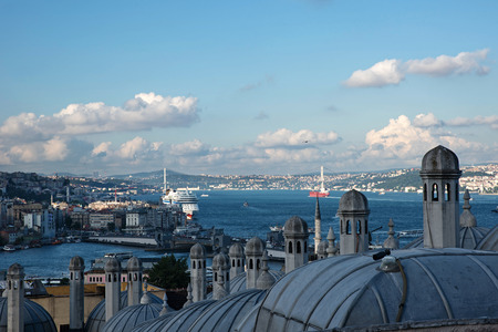 View from The Suleymaniye Mosque over The Istanbul.  Some historical domes and chimneys are visible at the image.の写真素材