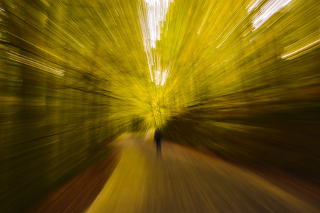 Abstract Blurry Yellow Fall Forest - Look Like Time Travel or Teleportationの写真素材