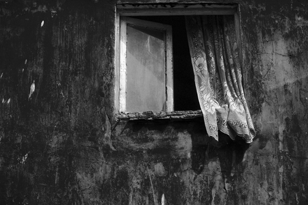 Old Window with Torn Curtain Background as Black and White