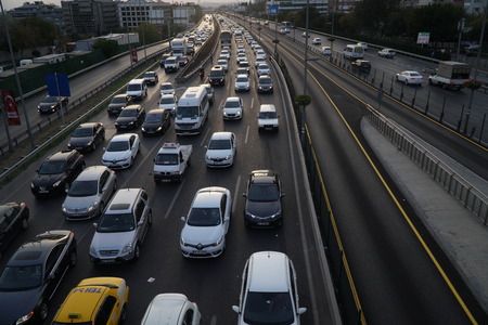 Istanbul, Turkey - September 9, 2016: Heavy traffic at The Sisli Istanbul at evening hours on highway. There are many cars from different brands.のeditorial素材