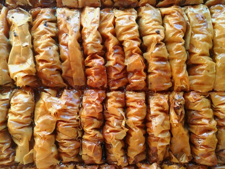 Home made walnut baklava from directly aboveの写真素材