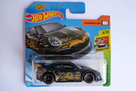Istanbul, Turkey - July 29, 2020: A Hot Wheels pink colored custom 57 Chevy die cast toy car on is white background.のeditorial素材
