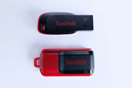 Istanbul, Turkey - July 29, 2020: Sandisk flash disks are isolated on white backgroundのeditorial素材