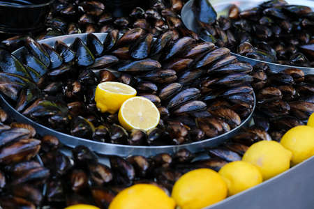 Turkish delicious rice stuffed mussels  with lemon slices