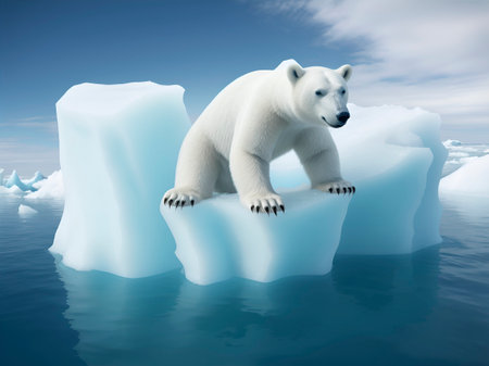 A polar bear is standing on a small melting iceberg in the middle of the oceanの素材