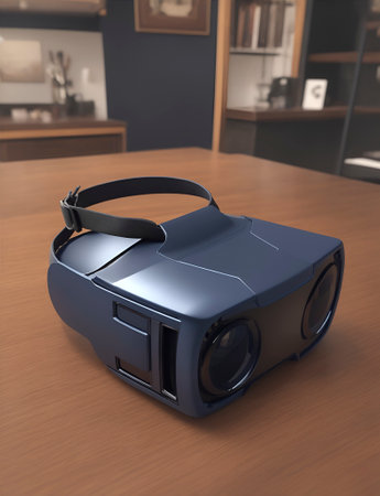 Futuristic blue vr goggle on the desk, generative Aiの素材