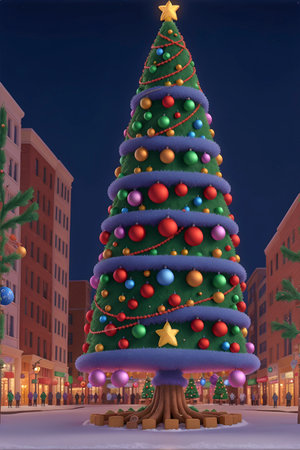 A big tall animation style Christmas Tree in a snowy downtown in the night, AI Generatedの素材