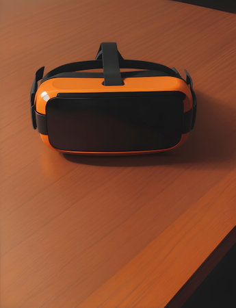 Futuristic orange and black colored vr goggle on the desk, generative aiの素材