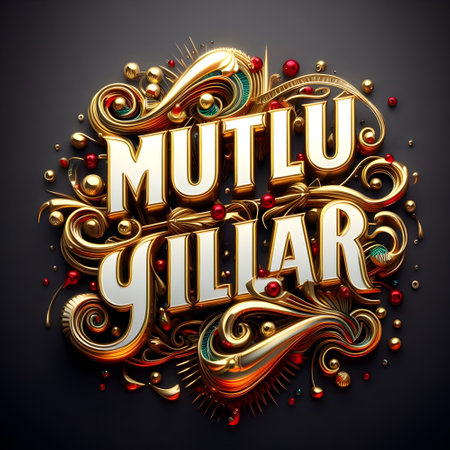 Shiny and gold colored Happy New Year text illustration as Turkish, generative ai. As English this means that happy new year.の素材