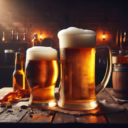 Pints full of beer in a pub, ultra realistic generative aiの素材