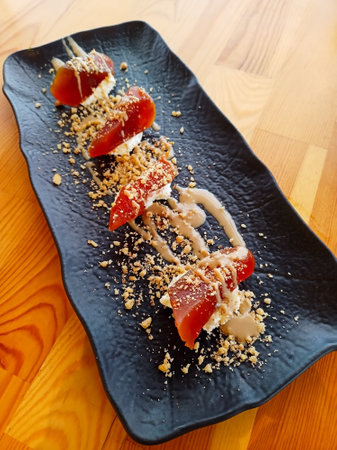 A traditional Turkish Desert, pumpkin dessert with lime served with poured tahini, walnuts and milk creamの写真素材