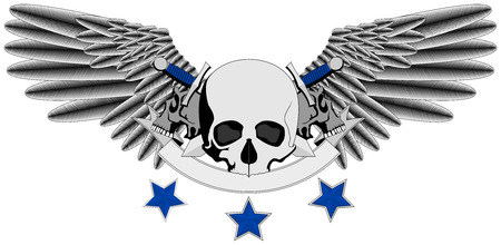 Winged Human Skull logo with swordsのイラスト素材